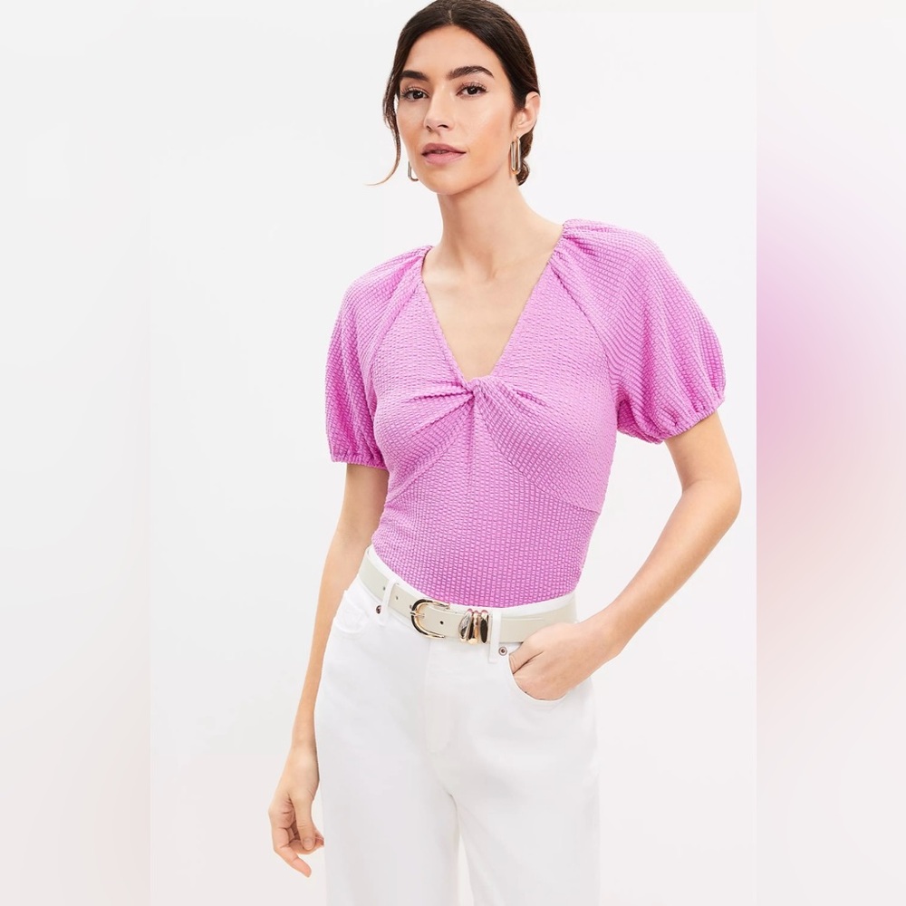 LOFT Magenta Puff Sleeve Textured Front Knot Top